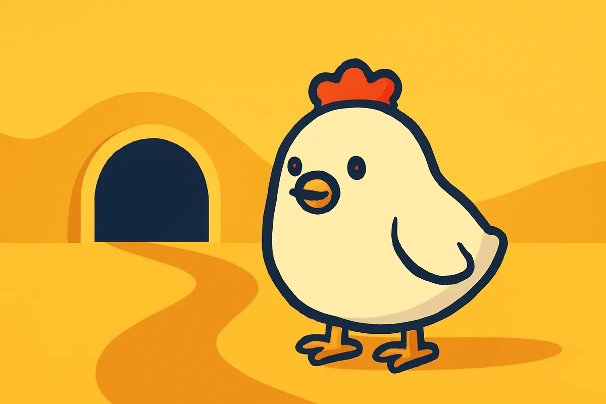 Illustration: Das Chicken-Road-Huhn unterwegs auf einer Landstraße
