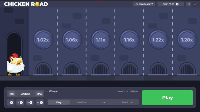 Chicken Road Demo Interface mit Einsatzfeld, Schwierigkeitsstufen und Cash-out-Button