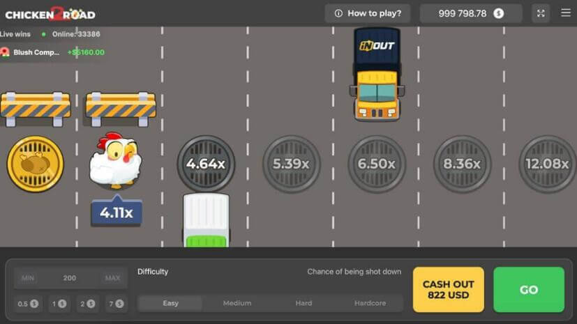 Chicken Road Screenshot mit aktivem Multiplikator und Huhn auf der Straße